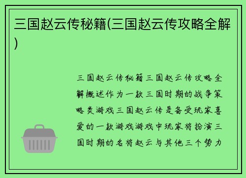 三国赵云传秘籍(三国赵云传攻略全解)